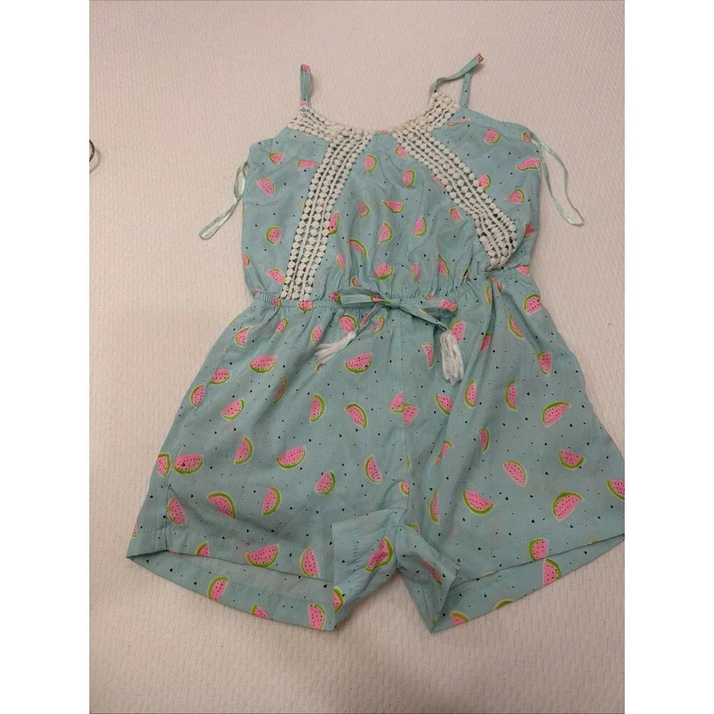 Japna Kids Girls Size 8 Watermelon Print Romper Blue Crochet Trim Summer